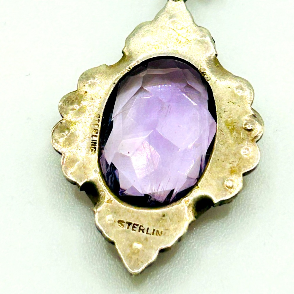 Vintage Marcasite & Amethyst Sterling Silver 925 Art Deco Gatsby Necklace - Picture 7 of 9